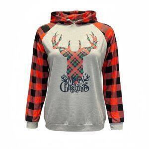 NWT Fosoul Women’s Red Black Gray Plaid Christmas Holiday Reindeer Hoodie Size S